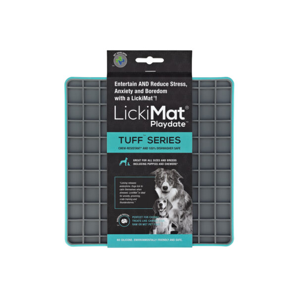 LickiMat Tuff Playdate Turquoise slow feeder dog bowl lick mat