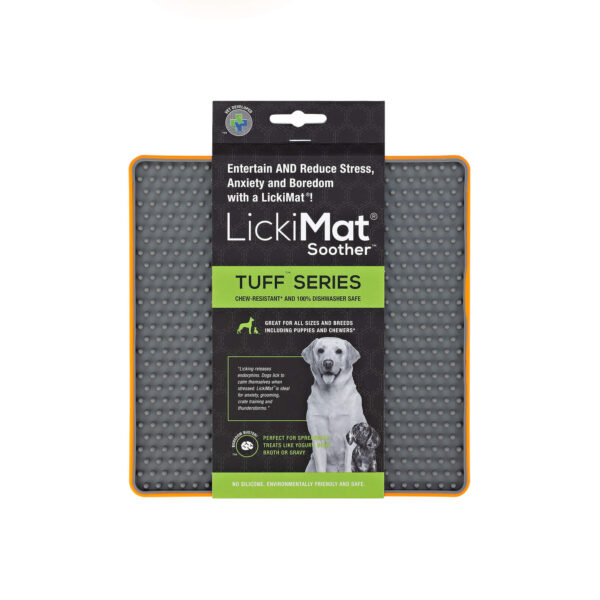 LickiMat Tuff Soother Orange slow feeder dog bowl lick mat